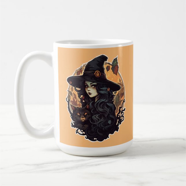 Caneca De Café Bruxa com o gato preto halloween (Esquerda)