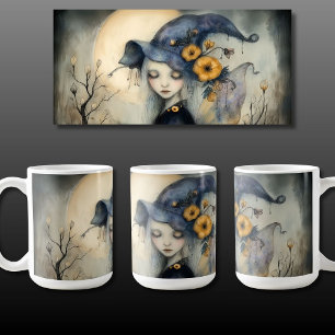 Caneca De Café Bruxa da Lua do Halloween Whimsical com Asas