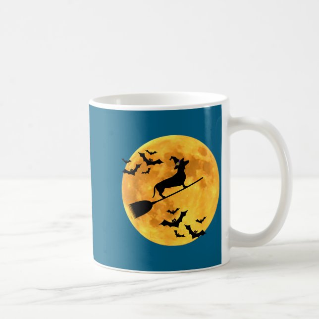 Caneca De Café Bruxa Dachshund Cão Halloween Lua Vassoura Vassour (Direita)