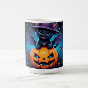 Caneca De Café Bruxa de Gato Preto Fofo Sentada no Jack O Lantern