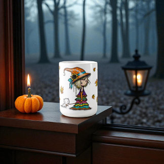 Caneca De Café Bruxa de Halloween Fofa & Gatito com Folhas de Out