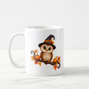 Caneca De Café Bruxa de Outono Adorável com Coruja e Abóboras