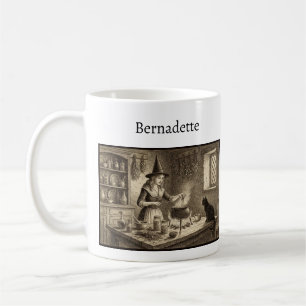 Caneca De Café Bruxa e Gata Preta fazendo poção Nome Personalizad