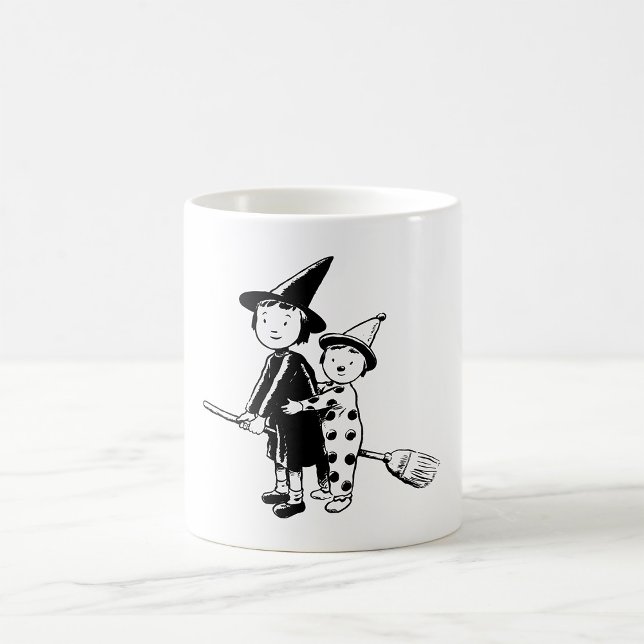 Caneca De Café Bruxa e Palhaço do Halloween andando de vassoura (Criador carregado)