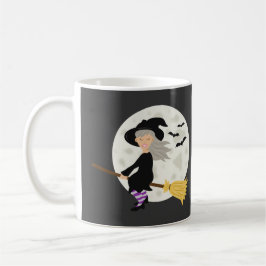 Caneca De Café Bruxa Menina Fofo Voando & Texto Feliz Halloween