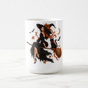 Caneca De Café Bruxa Mística e Gato Preto Voando