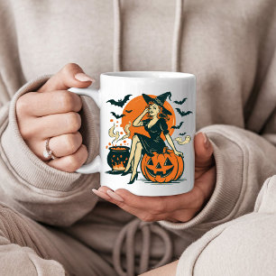 Caneca De Café Bruxa Vintage de Halloween em Pumpkin Bats Cauldro