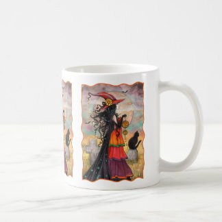 Caneca De Café Bruxa Way Halloween Bruxa e Gato Arte Fantasia