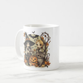 Caneca De Café Bruxinhas Kawaii com Gatinho e Abóboras 