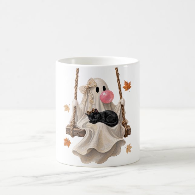 Caneca De Café Bubblegum Fantasma & Balanço de Gato Preto Hallowe (Centro)