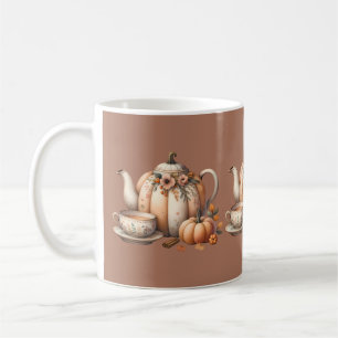 Caneca De Café Bule de Abóbora com Ilustração de Florais de Outon