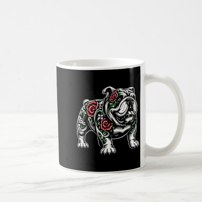 Caneca De Café Bulldog Floral Red Rose Mens Womens  (Direita)