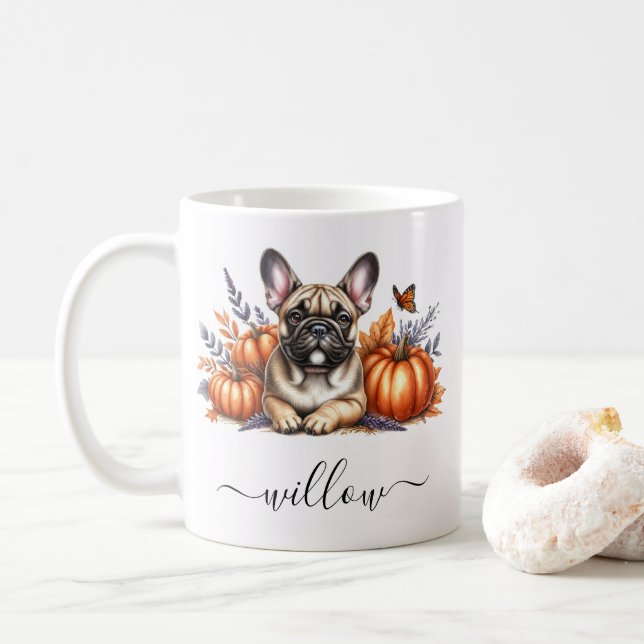 Caneca De Café Bulldog Francês Cai Mug com Nome Personalizado (Com Donut)