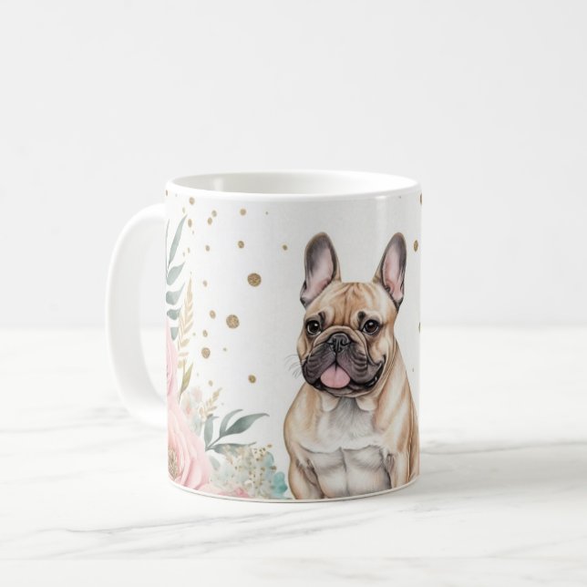 Caneca De Café Bulldog Francês Impressionante com Acentos Florais (Frente Esquerda)