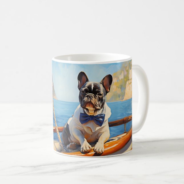Caneca De Café Bulldog francês navegando em um iate (Frente Esquerda)