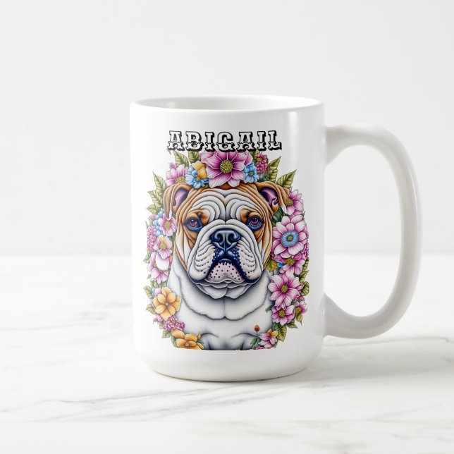 Caneca De Café Bulldog Personalizado e Flores Whimsical (Direita)