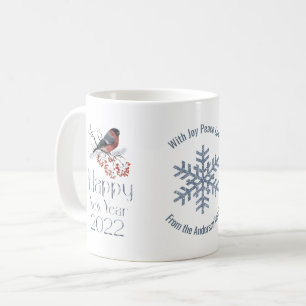 Caneca De Café Bullfinch Bird Red Berries Feliz ano novo 2022