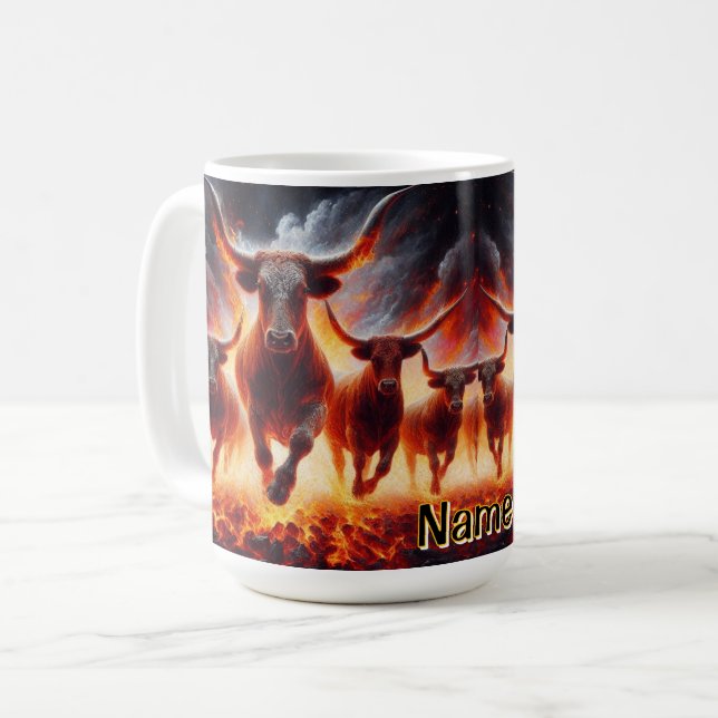 Caneca De Café Bulls Carregando Através de Uma Paisagem Fiery (Frente Esquerda)