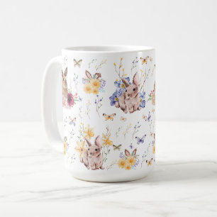 Caneca De Café Bunny celebra o dia da Páscoa com borboletas