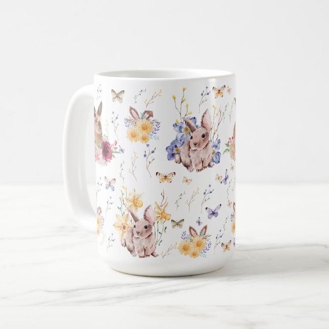 Caneca De Café Bunny celebra o dia da Páscoa com borboletas (Frente Esquerda)