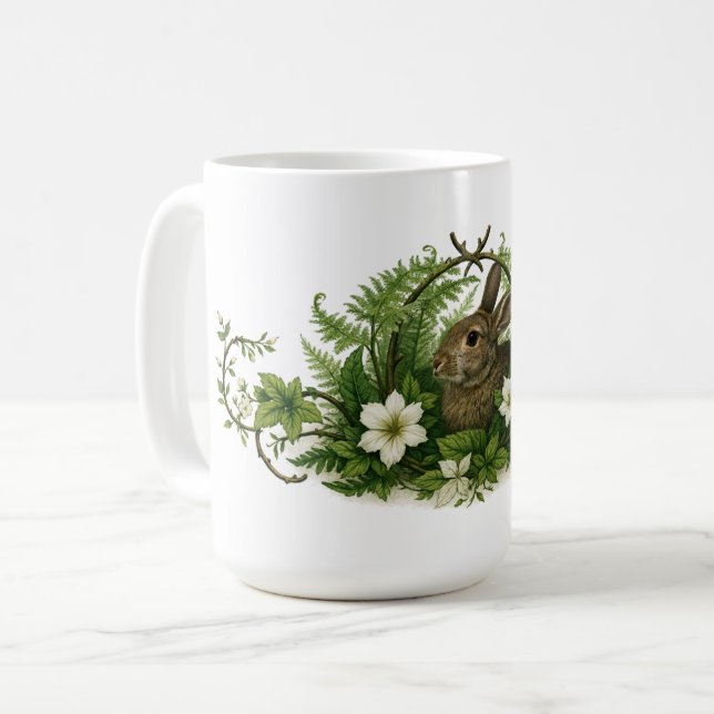 Caneca De Café Bunny Rabbit In Floral Foliage (Frente Esquerda)