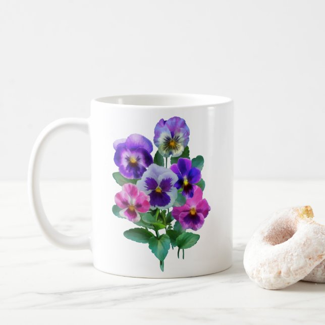 Caneca De Café Buquê da Flor de Pansy Violets (Com Donut)