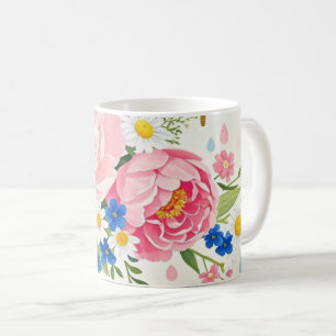 Caneca De Café Buquê de aquarela vibrante de peonias, margaridas