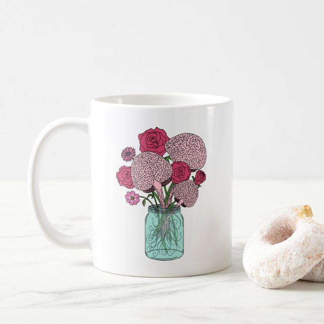 Caneca De Café Buquê de Flor do Cérebro (Com Donut)