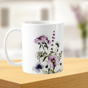 Caneca De Café Buquê de Flor Silvestre Roxa Floral Aquarela