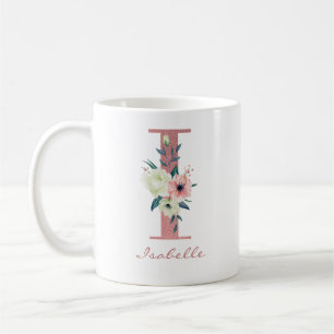 Caneca De Café Buquê de Flores Elegantes Carta I Rosa e Marfim
