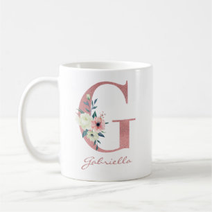 Caneca De Café Buquê de Flores Elegantes com Letra G Rosa e Marfi