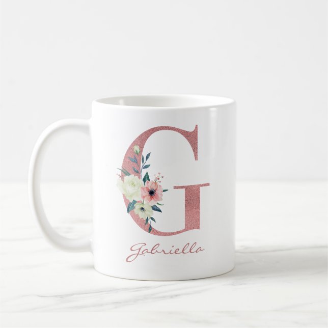 Caneca De Café Buquê de Flores Elegantes com Letra G Rosa e Marfi (Esquerda)