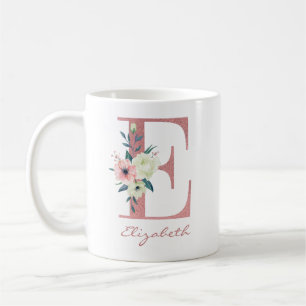 Caneca De Café Buquê de Flores Elegantes Letra E Rosa e Marfim