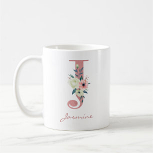 Caneca De Café Buquê de Flores Elegantes Letra J Rosa e Marfim
