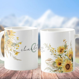 Caneca De Café Buquê de Girassol de Aquarela com Monograma Elegan