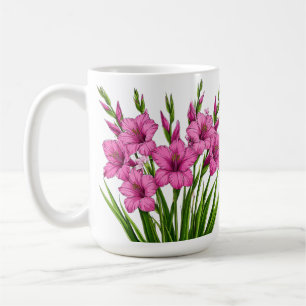 Caneca De Café Buquê de Gladíolos Rosa Vibrante com Folhagem Verd