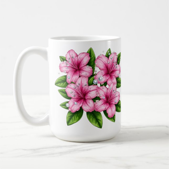 Caneca De Café Buquê de Hibisco Rosa Com Folhas Verdes (Esquerda)