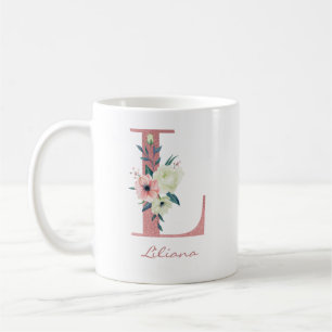 Caneca De Café Buquê de letra L floral elegante rosa e marfim
