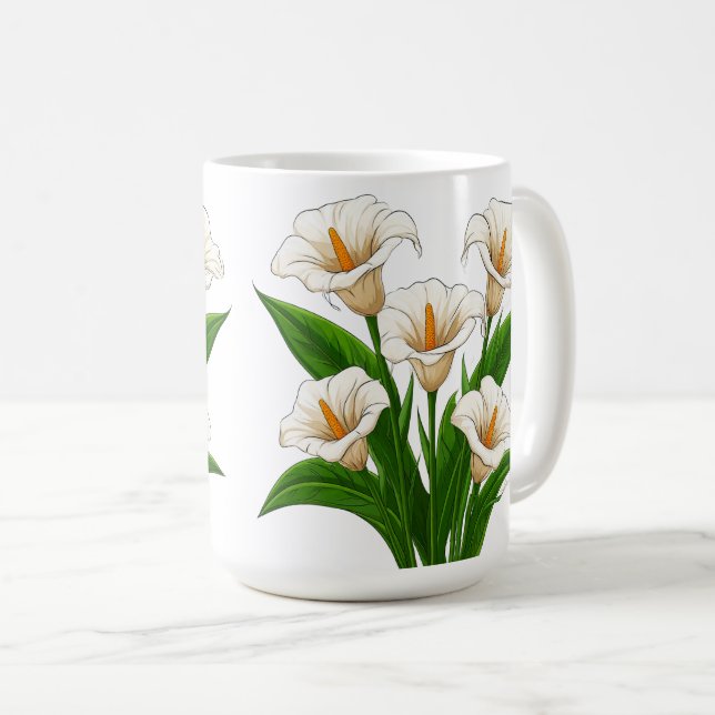 Caneca De Café Buquê de Lírio-de-Calla Branco com Folhas Verdes (Frente Esquerda)