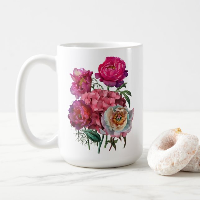 Caneca De Café Buquê de Peonies e Hydrangeas (Com Donut)