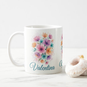 Caneca De Café Buquê Floral Aquarela Personalizado Nome Café