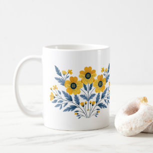 Caneca De Café Buquê Floral Azul e Amarelo
