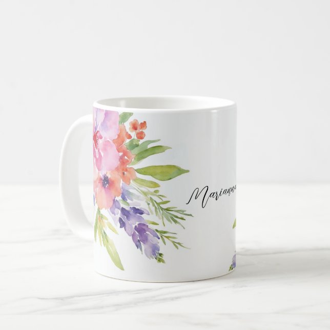 Caneca De Café Buquê Floral de Aquarela (Frente Esquerda)