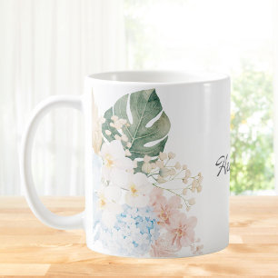 Caneca De Café Buquê Floral de Flores Tropicais de Aquarela Monog