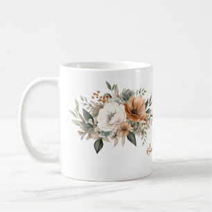 Caneca De Café Buquê Floral Personalizado em Aquarela Neutra