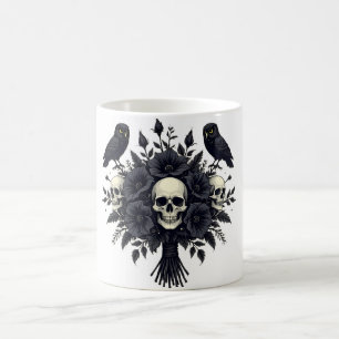 Caneca De Café Buquê Gótico com 3 Caveiras e 2 Corujas