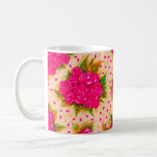 Caneca De Café Buquês de rosas roxas sobre fundo rosa pálido