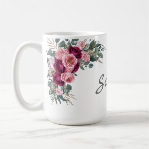 Caneca De Café Burgundy, cor d'água moderna, florais cor-de-rosa