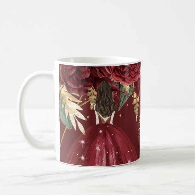 Caneca De Café Burgundy Dourada Princesa Floral Quinceanera (Esquerda)