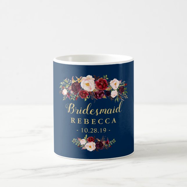 Caneca De Café Burgundy Floral Marinho Blue Bridesmaid Casamento  (Centro)